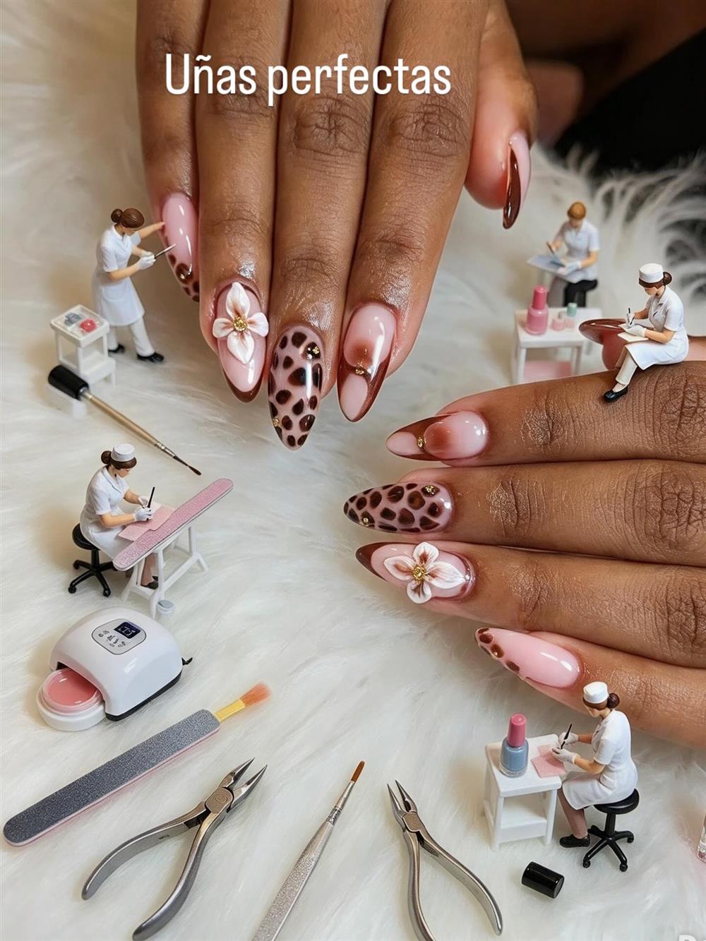 Diseño de uñas con flores y animal print rodeado de figuras en miniatura